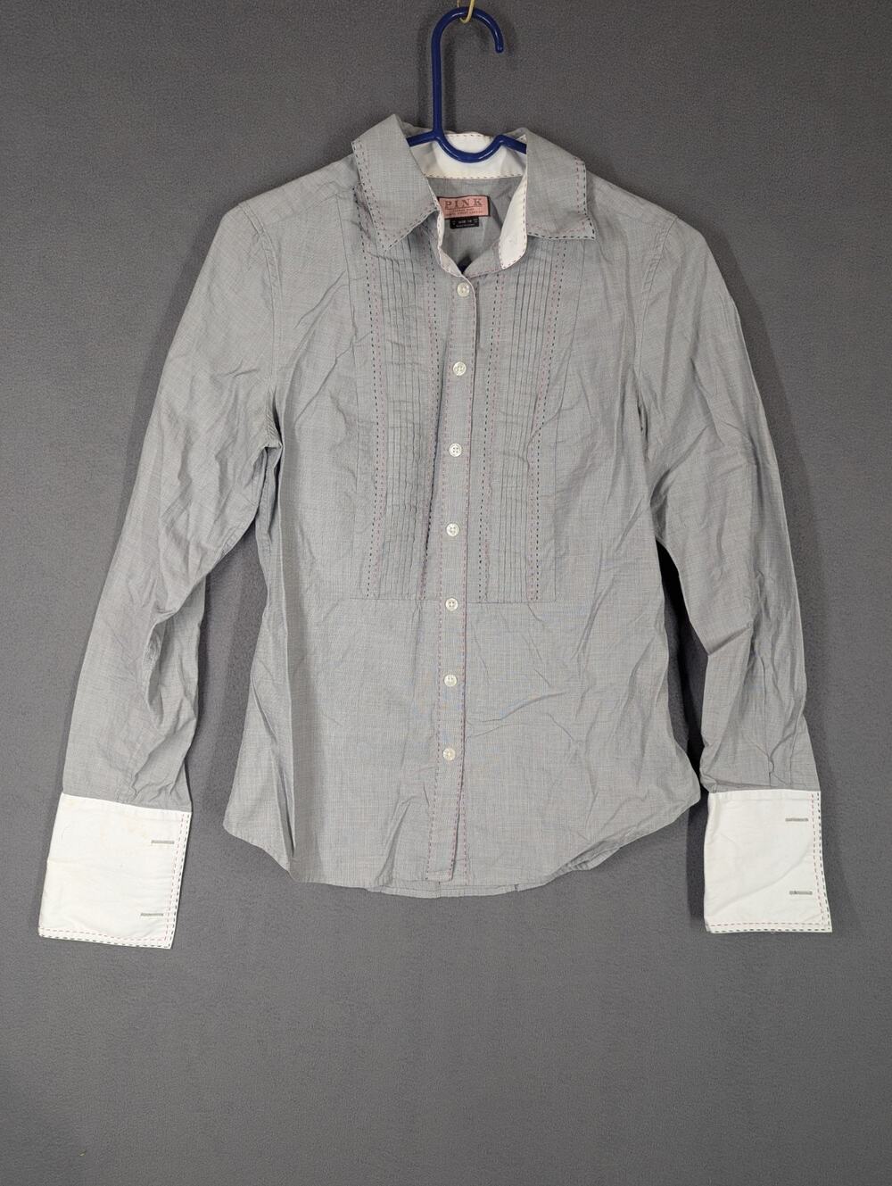 Thomas Pink London Dress Shirt Women Size 6 Gray French Cuffs Embroidered